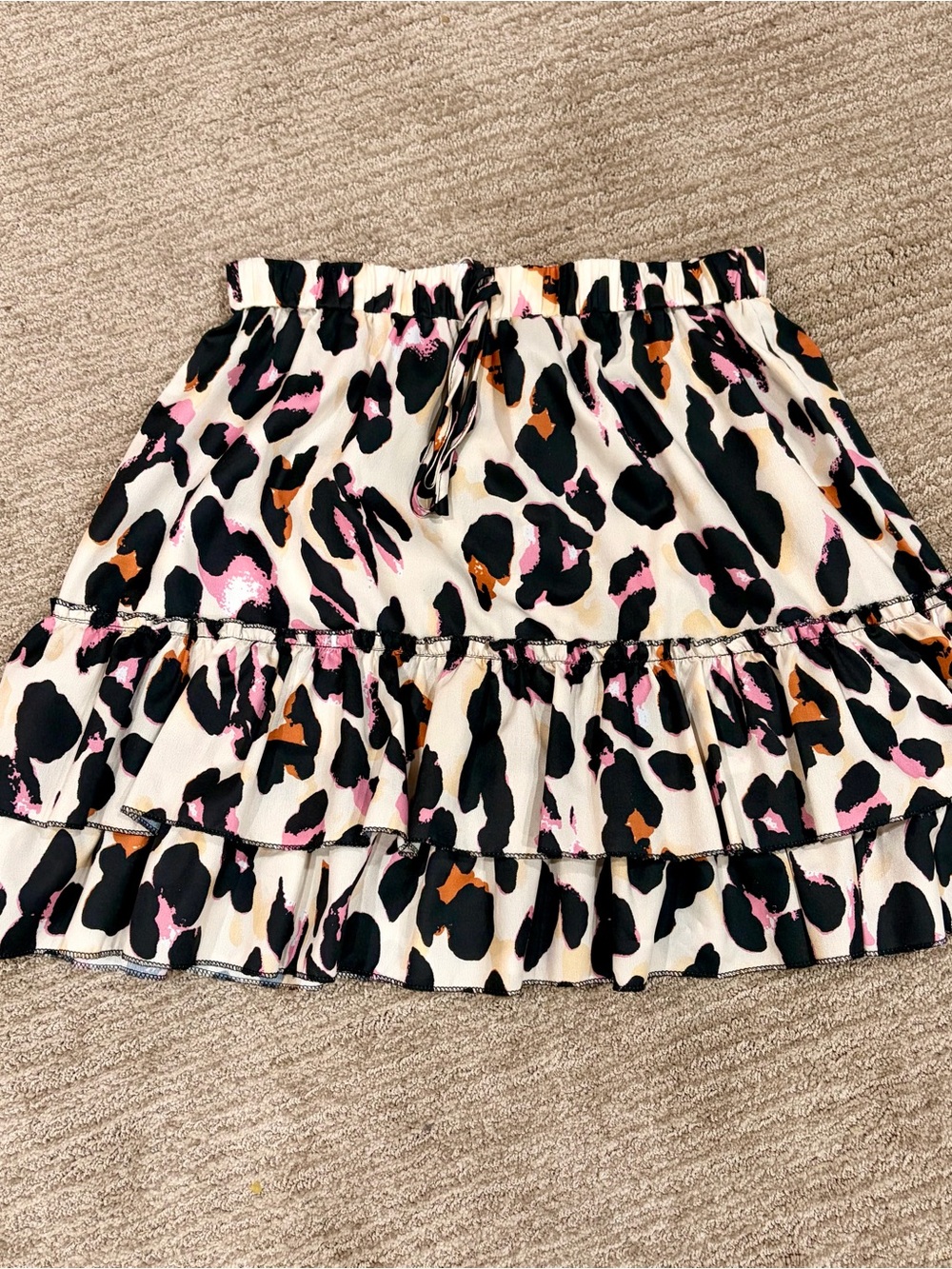 Tiered Animal-Print Ruffle Skirt - White with Black, Pink & Brown Spots